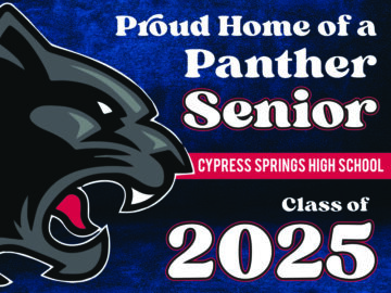 Blue graduation yard sign with roaring Panther mascot head and text “Proud Home of a Panther Senior Class of 2025” for Cypress Springs High School.