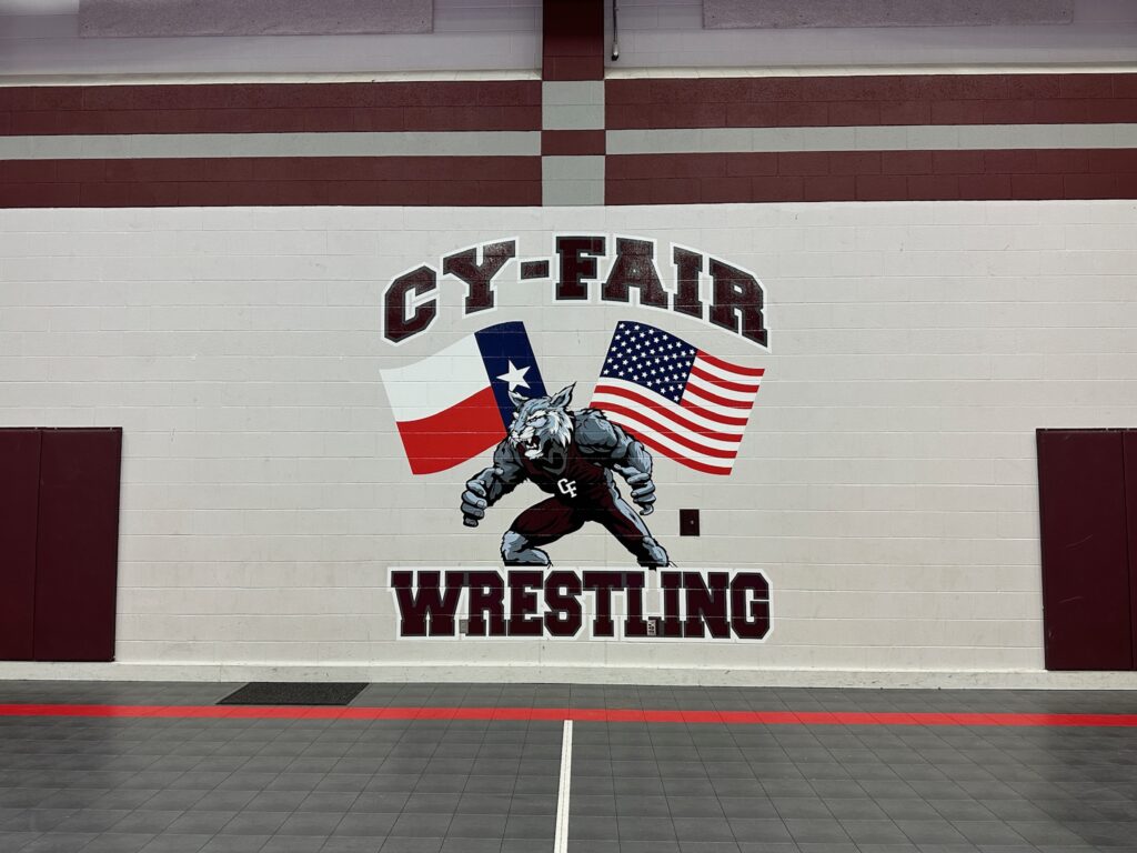 high school mascot graphic on brick wall in gym