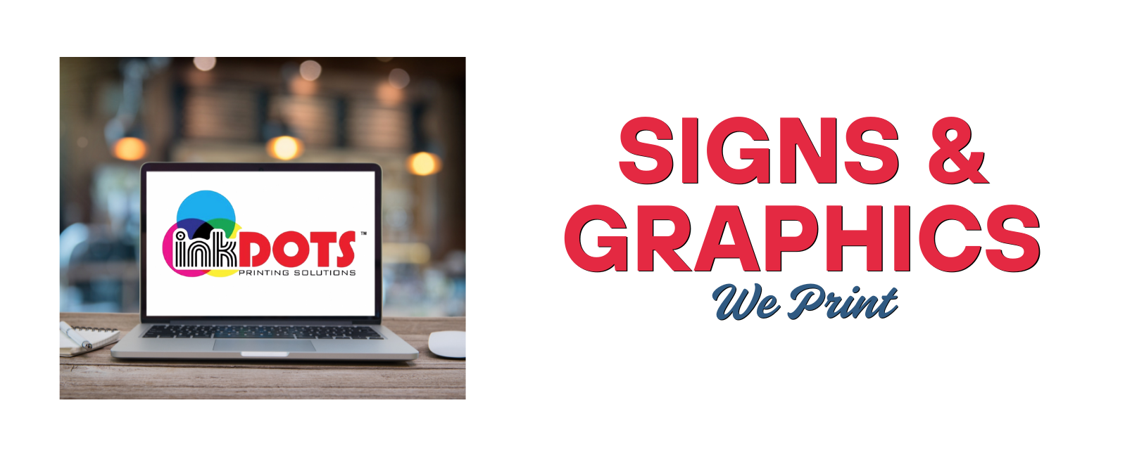 Wide-format printed signs and banners for businesses, schools, and contractors displayed together.