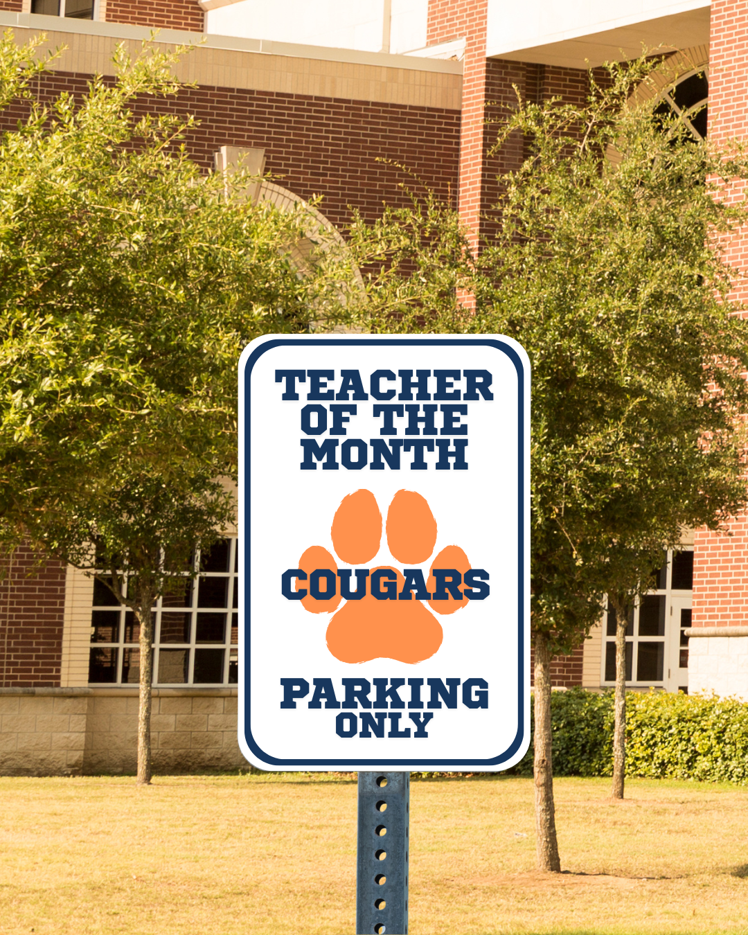 Custom Metal Parking Sign in front of school