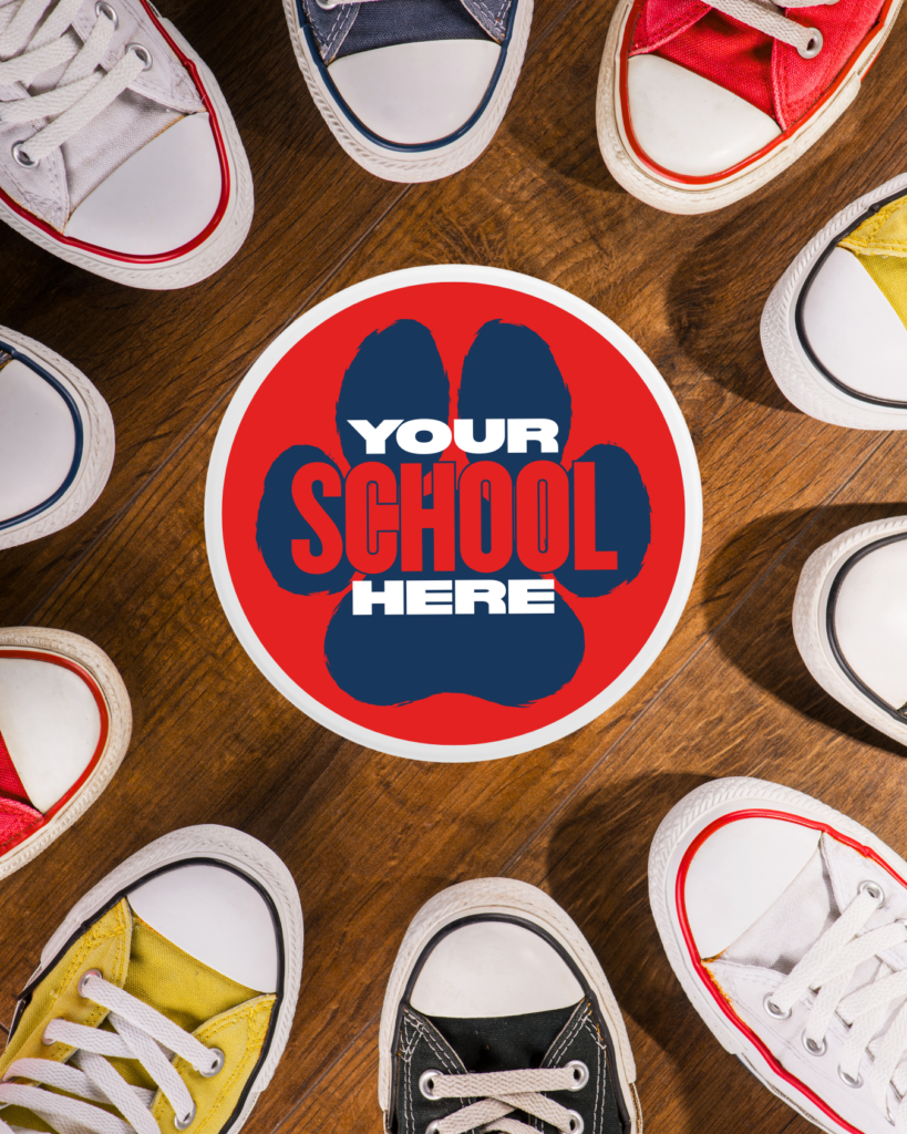 School Floor Stickers Mascot paw print decal on Cypress School floor installed inside surrounded by children's shoes